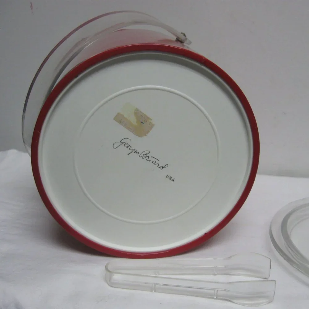 Vintage 60's Retro Lipstick Red Patent Ice Bucket w Lucite Handle & Tongs